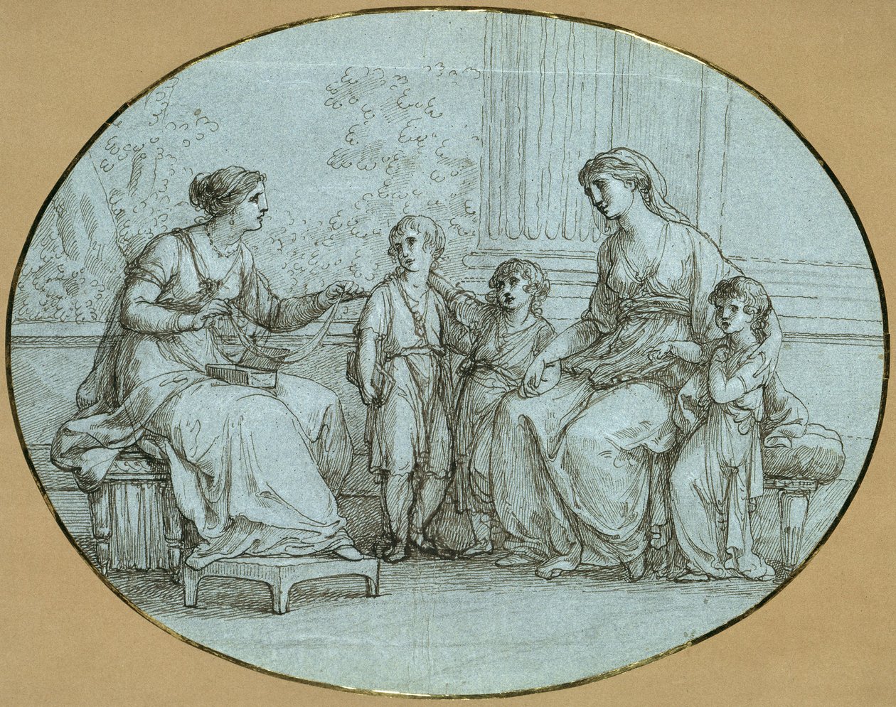 Cornelia, de moeder van de Gracchen, zit (rechts) tegenover een rijke Romeinse vrouw, aan wie zij haar drie kinderen toont als haar kostbaarste bezit door Angelica Kauffmann