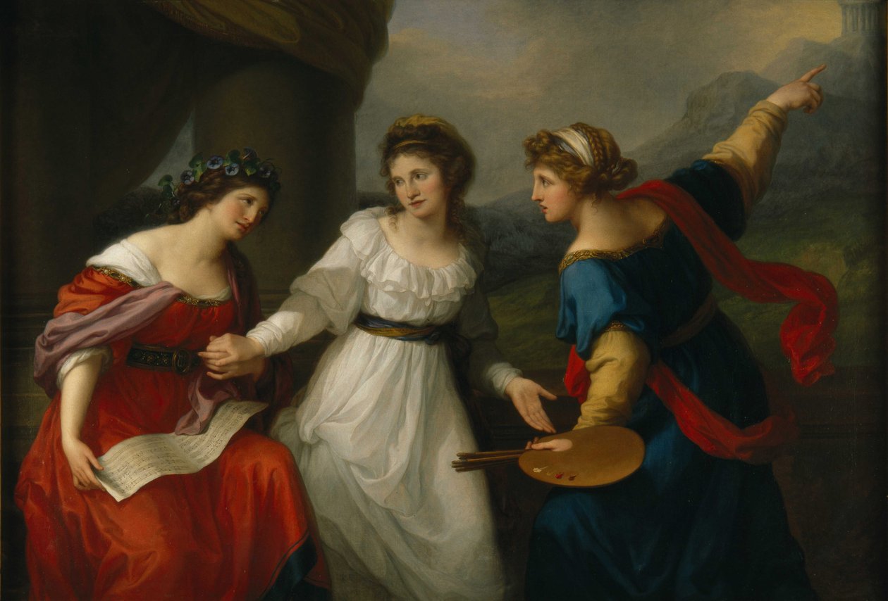 Zelfportret van de kunstenaar twijfelend tussen de kunsten van muziek en schilderen, 1794 door Angelica Kauffmann