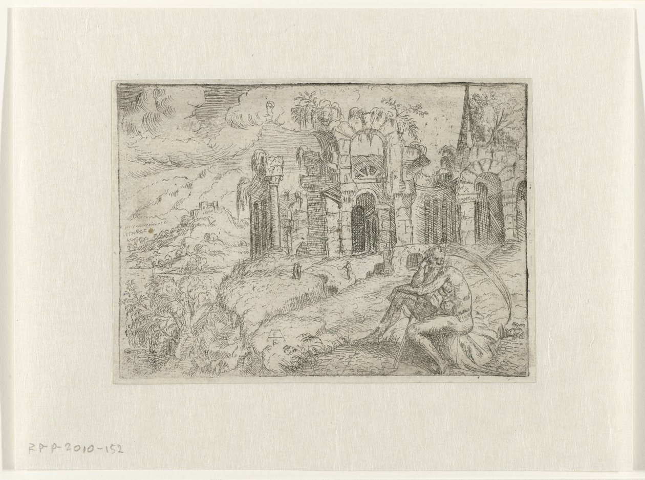 Landschap met oude man met zeis door Angelo Falconetto