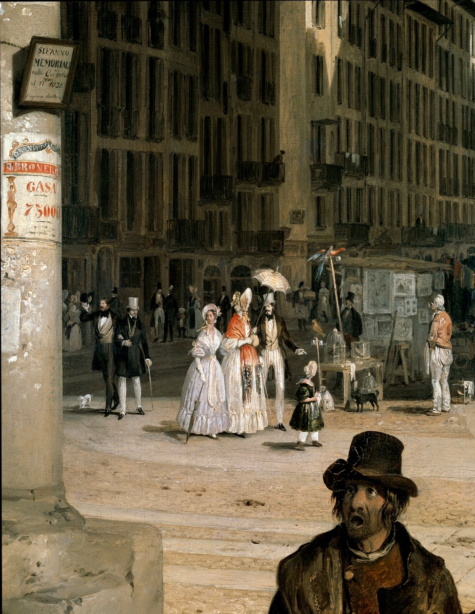Markt van Figini in Milaan (Piazza del Duomo met een hoek van de Coperto dei Figini) Detail - Schilderij door Angelo Inganni (1807-1880) door Angelo Inganni