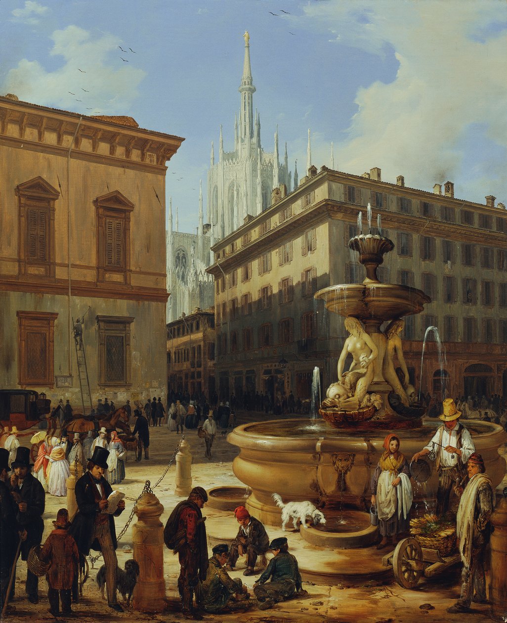 Straatbeeld uit Milaan, op de achtergrond de kathedraal door Angelo Inganni