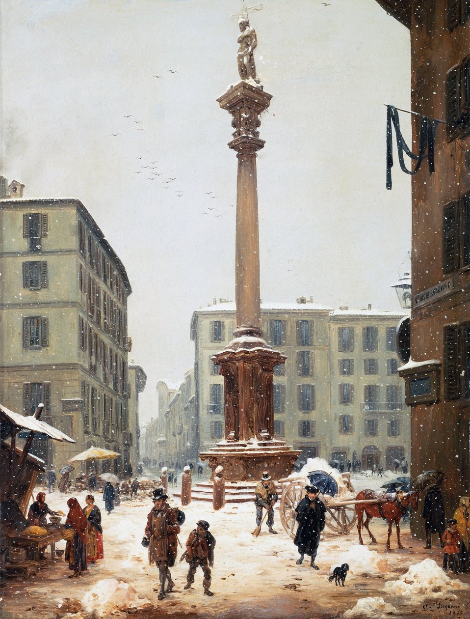 De Verlosserzuil op Verziere (groentemarkt) gezien vanaf de oude straat van San Bernardino in Milaan door Angelo Inganni