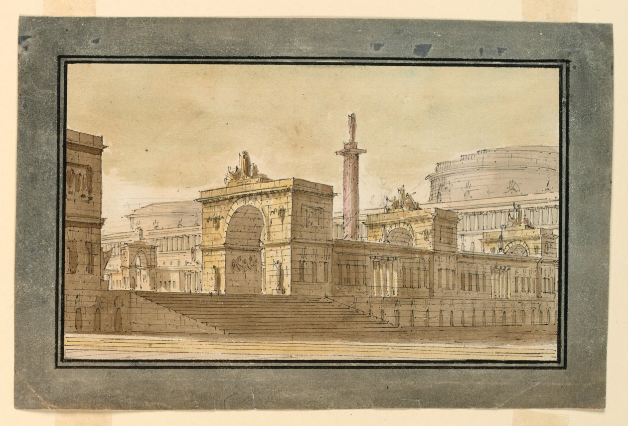 Toneelontwerp, groep paleisgebouwen door Angelo Toselli