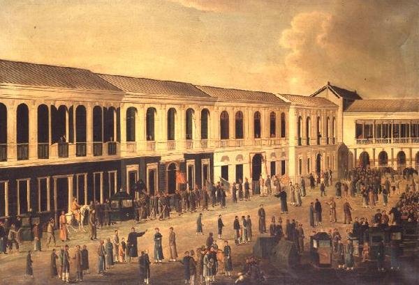 Een uitzicht op de Hongs aan de waterkant van Canton, ca. 1825 door Anglo Chinese School