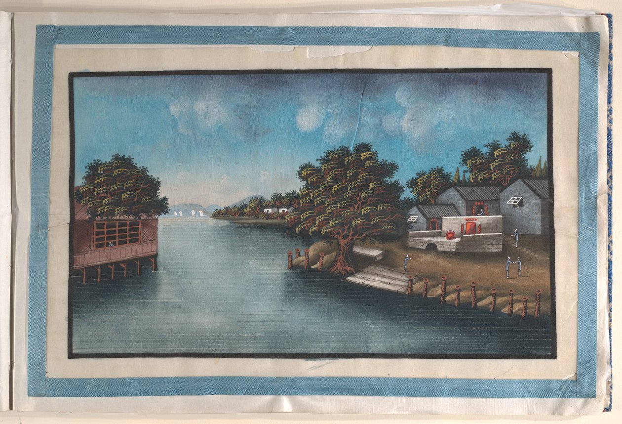 Album met twaalf schilderijen van scènes langs een rivier door Anglo-Chinese School