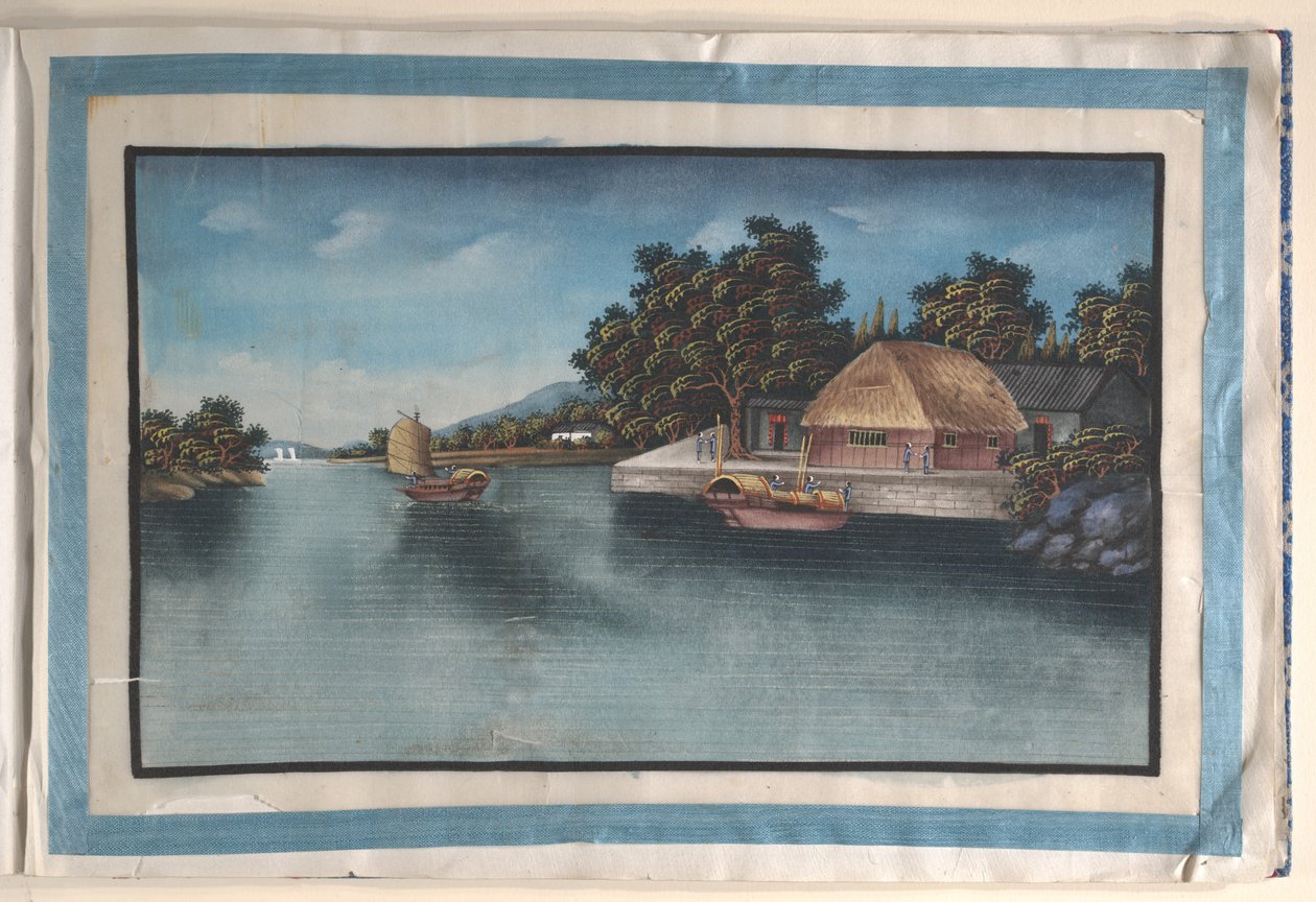 Album met twaalf schilderijen van scènes langs een rivier door Anglo-Chinese School