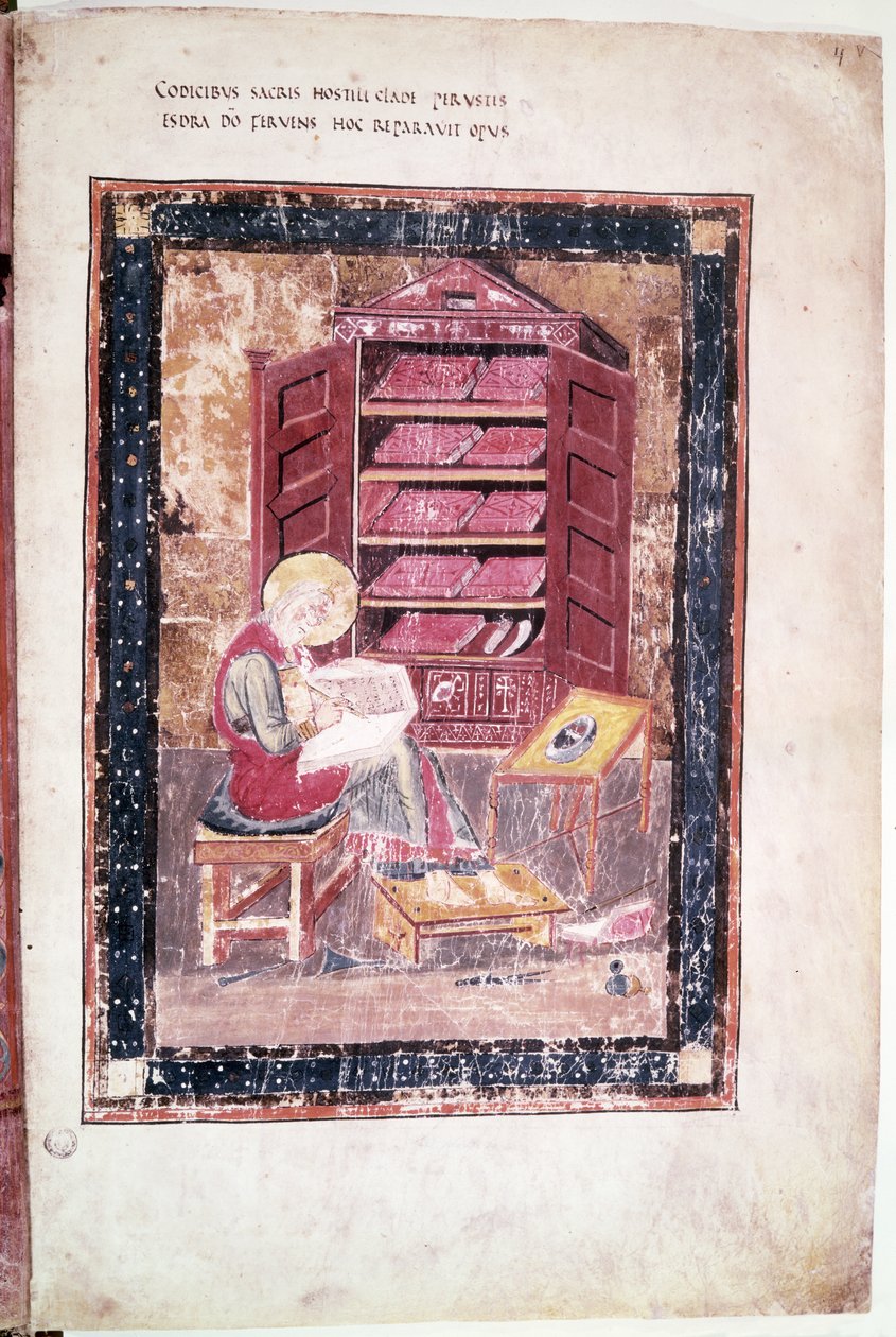 Ms 1 f.vr Ezra schrijft de heilige boeken uit het hoofd in 458 v.Chr., uit de Codex Amiatinus door Anglo Saxon