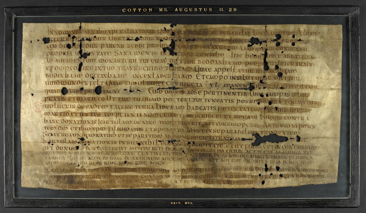 Schenking van Hodilredus (Æthelred), verwant van koning Sebbi van de Oost-Saksen (fl. 685-706), aan Hedilburg (Æthelburg), abdis door Anglo Saxon Anglo Saxon