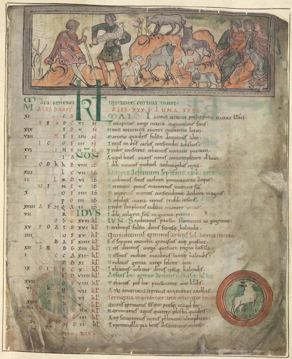 Cotton Tiberius B. V, Deel 1, f.5 Kalenderpagina voor mei. Schapen hoeden. Twee herders met hun kudde, een met een herdersstaf, en drie zittende figuren. Onderaan, Aries in een rondel door Anglo Saxon