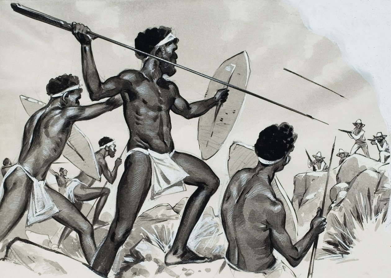 Aboriginals onder vuur (gouache op papier) door Angus McBride