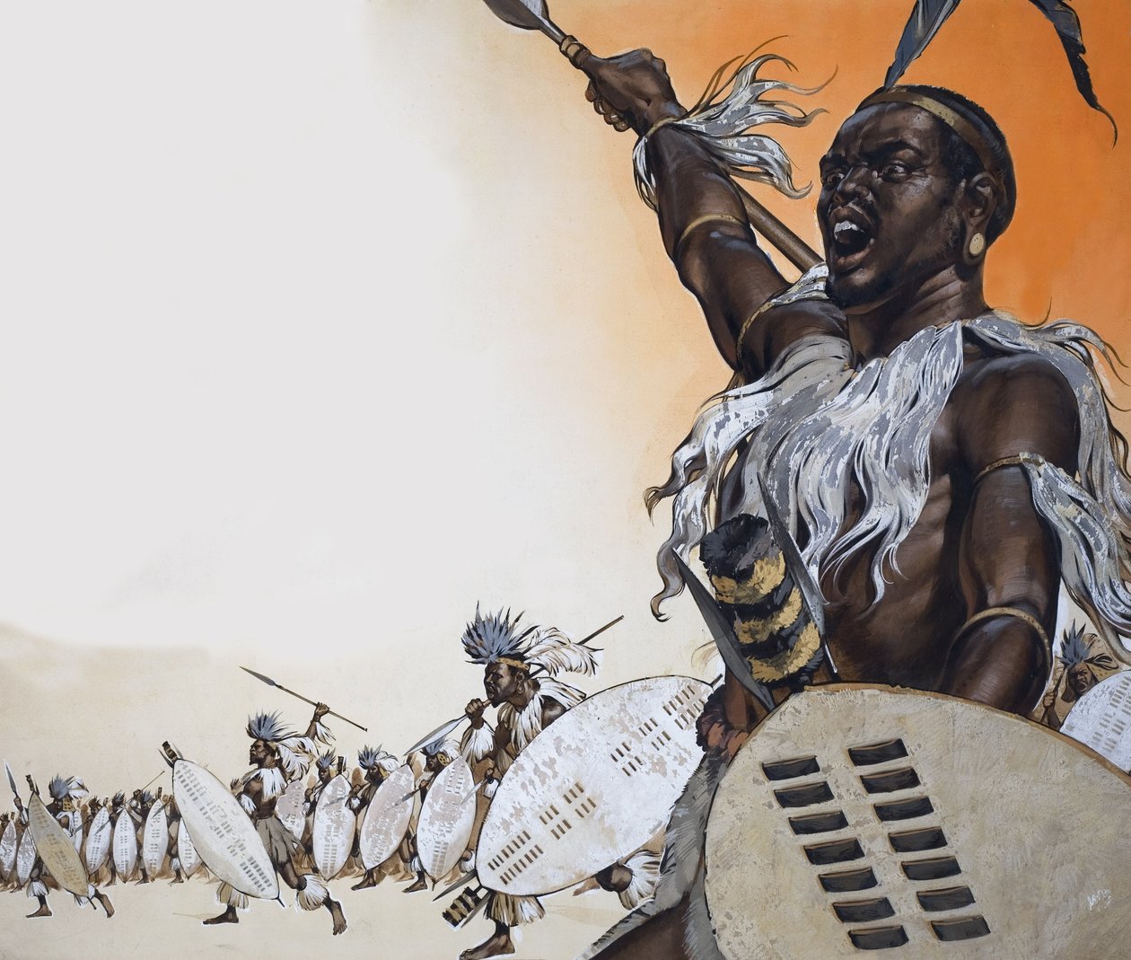Chaka in gevecht aan het hoofd van het regiment van Tulwana impi (gouache op papier) door Angus McBride