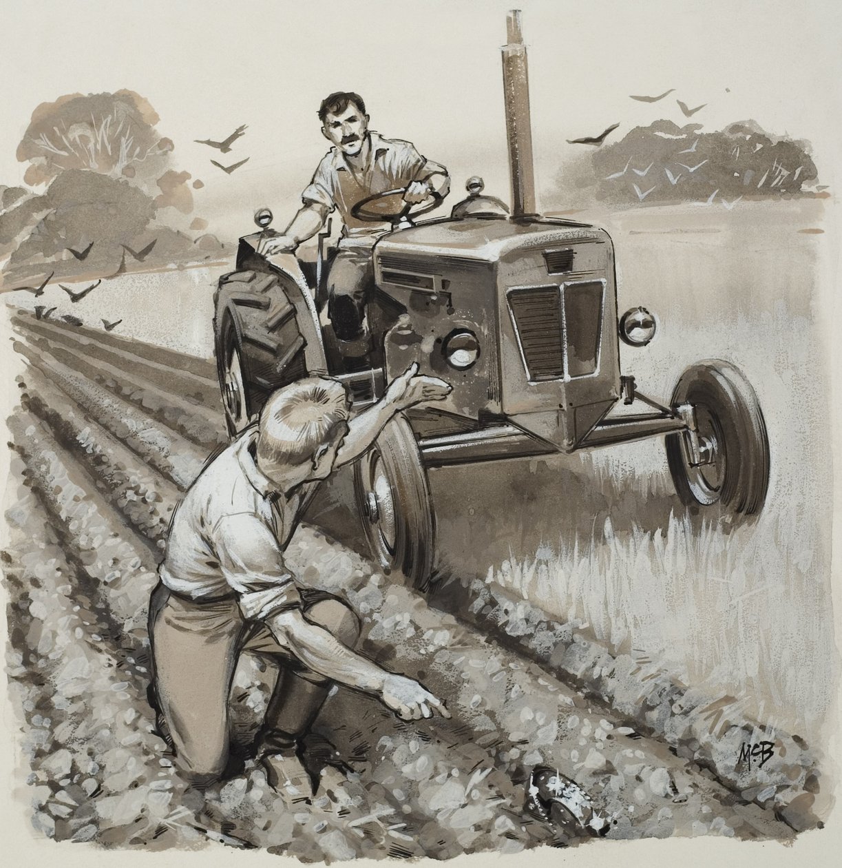 Boer ontdekt antiquarisch relikwie (gouache op papier) door Angus McBride