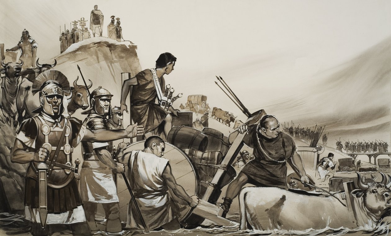 Julius Caesar (100-44 v.Chr.) leidde zijn soldaten over de kleine rivier de Rubicon en rukte op naar Rome (gouache op papier) door Angus McBride