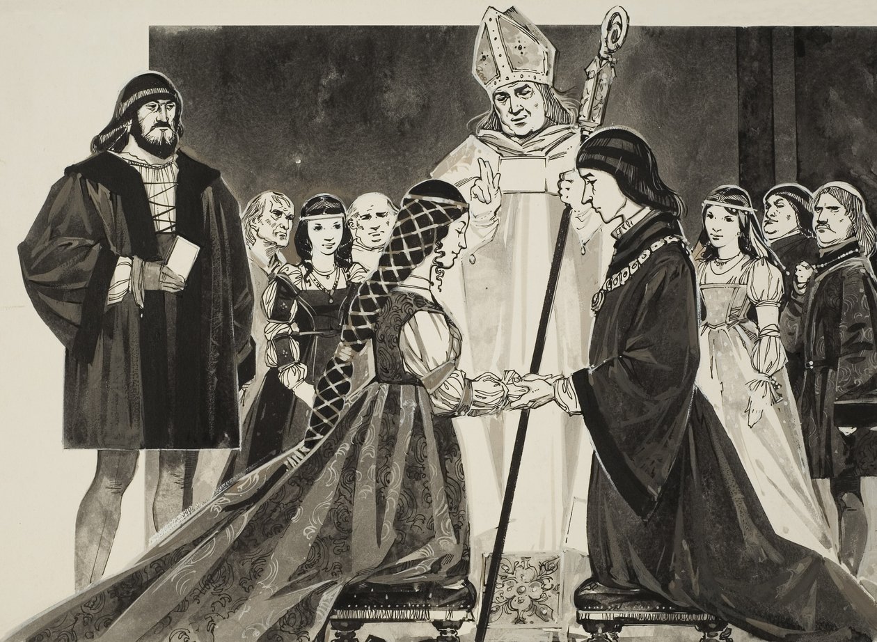 Huwelijk van Lucrezia Borgia (1480-1519) met de hertog Alfonso (gouache op papier) door Angus McBride