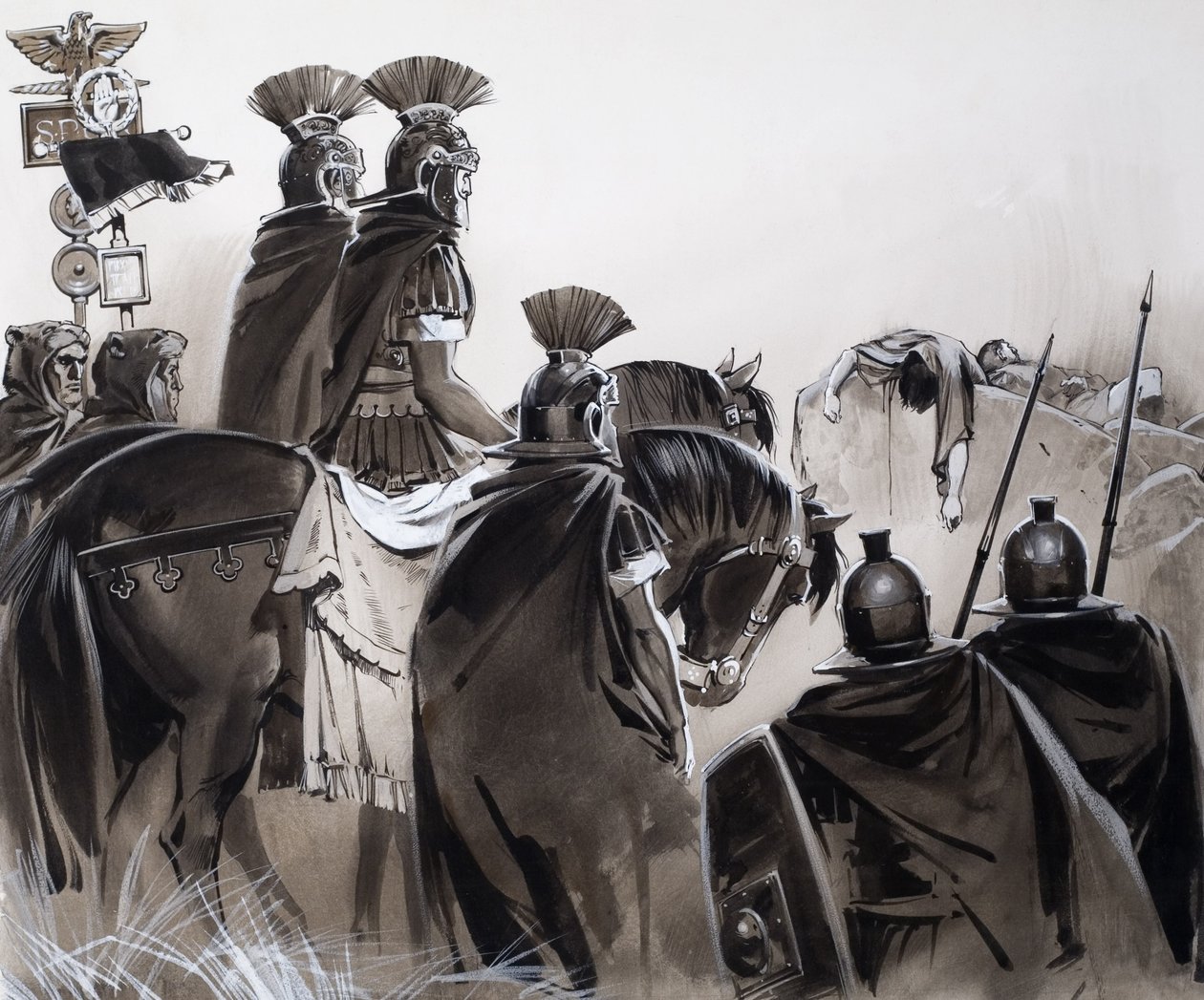 Romeinse soldaten na een veldslag (gouache op papier) door Angus McBride
