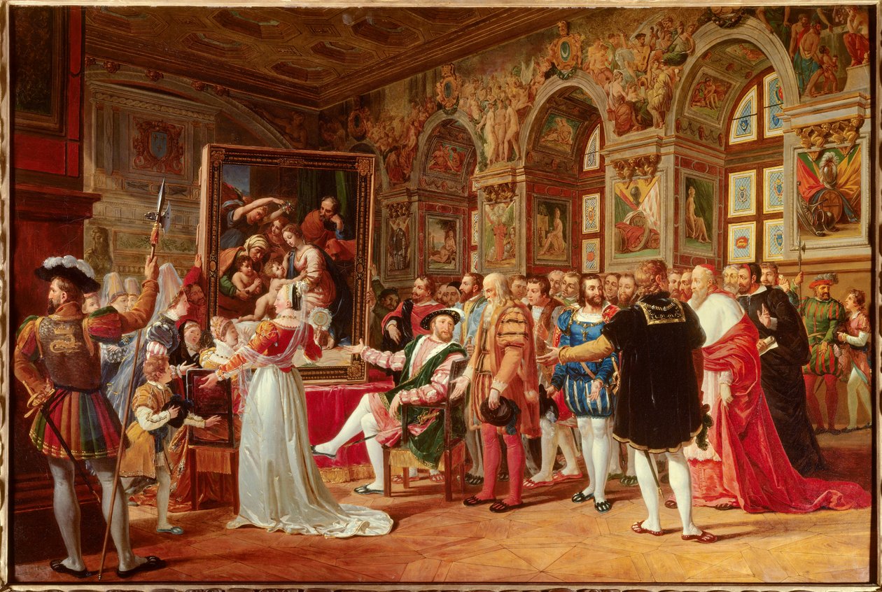 De eeuw van Frans I: Frans I, koning van Frankrijk, ontving het schilderij van de Heilige Familie in Fontainebleau, gestuurd vanuit Rome door Raphael (Raffaello Sanzio, Italiaanse schilder) als eerbetoon aan zijn dankbaarheid. door Anicet Charles Gabriel Lemonnier