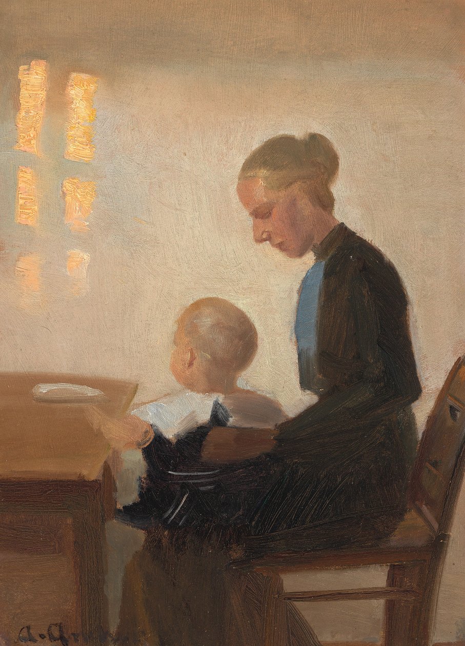 Een interieur met een moeder en kind. door Anna Ancher