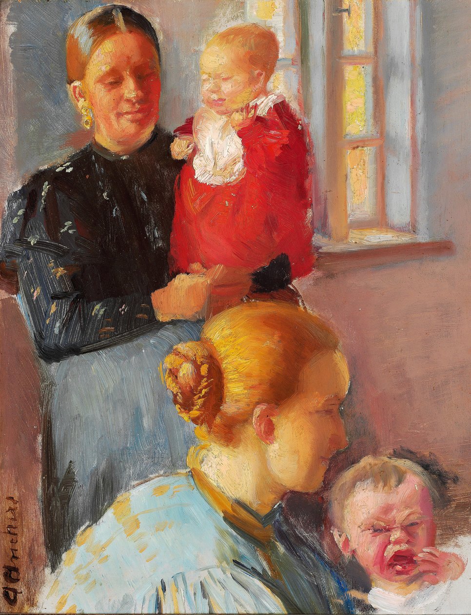 Twee jonge moeders met hun kleine kinderen. Studie voor "Vaccinatie". door Anna Ancher