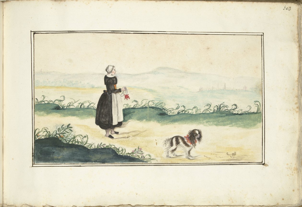 Boerenvrouw en hond in een landschap door Anna Cornelia Moda (possibly)