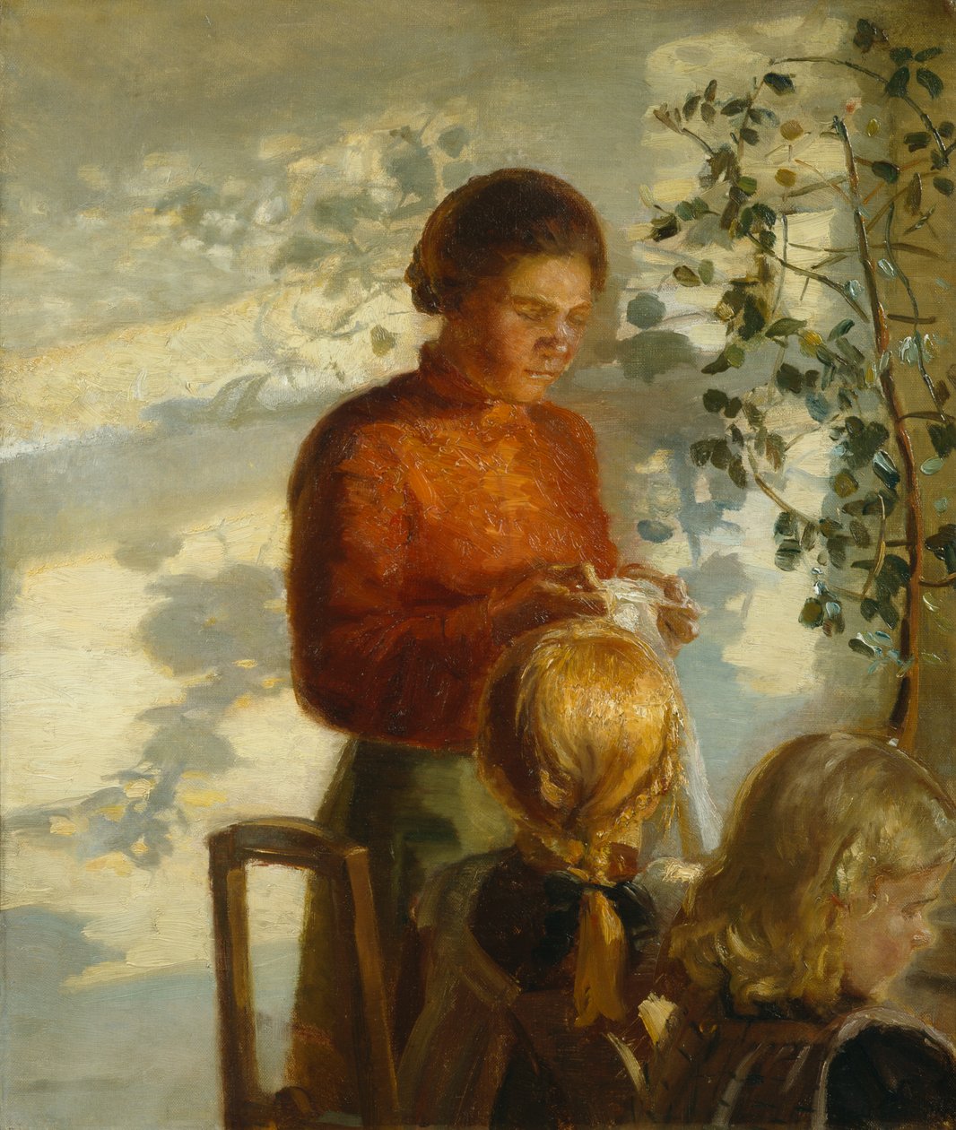 Aan kleine meisjes leren naaien, ca.1910 door Anna Kirstine Ancher