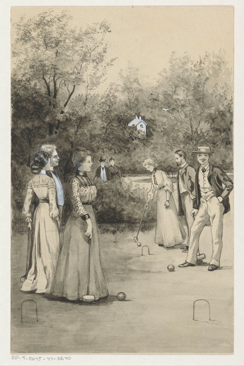 Mannen en vrouwen spelen croquet door Anna Maria Kruijff