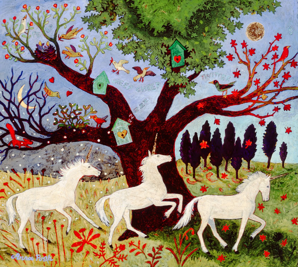 3 eenhoorns bij boom door Anna Pugh