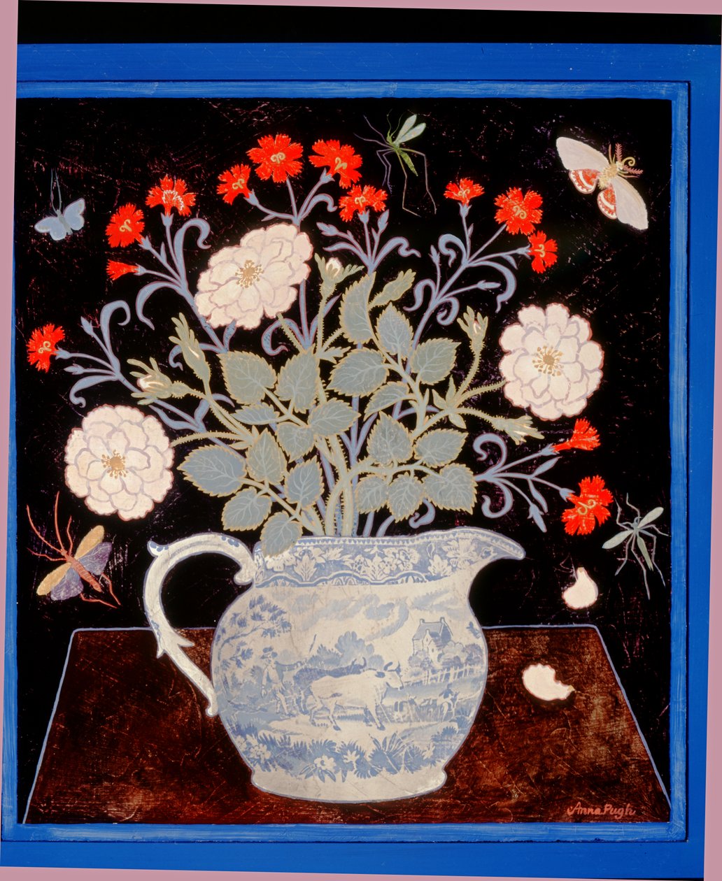 Blauwe kan en rode roze door Anna Pugh