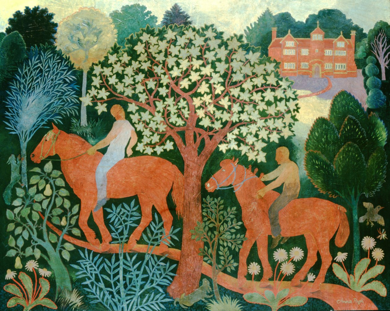 Twee paarden met ruiters, 2000 (acryl) door Anna Pugh