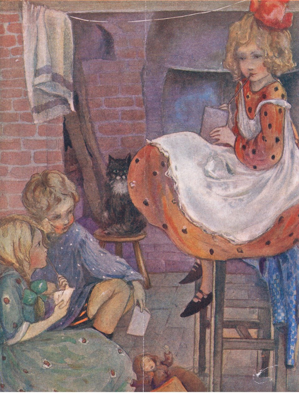 Ik weet niet wat ik moet zetten, uit Het Grote Boek voor Kinderen (Herbert Strang) gepubliceerd door Humphrey Milford, Oxford University Press, ca. 1920 door Anne Anderson