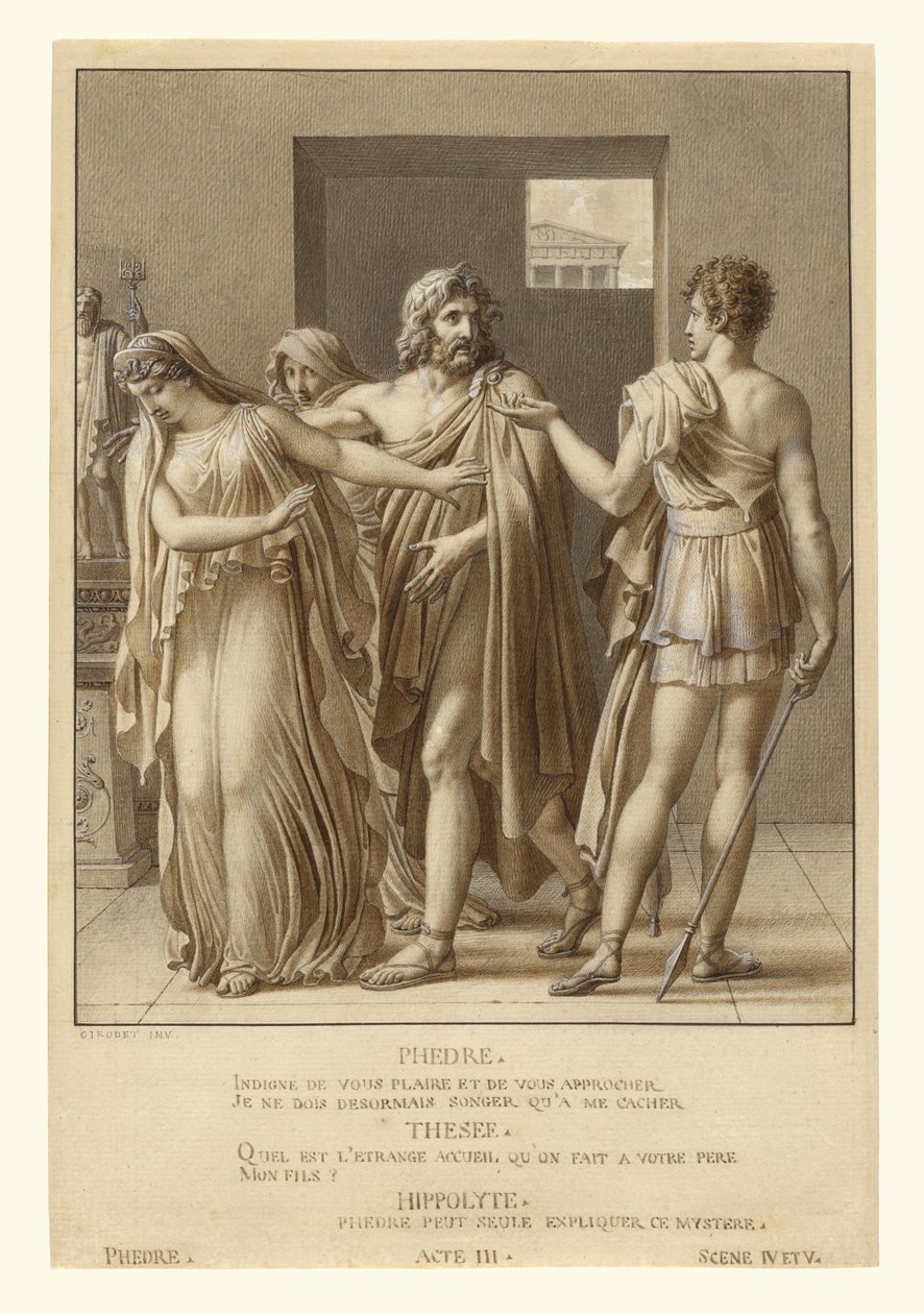 Phaedra wijst de omhelzingen van Theseus af door Anne-Louis Girodet de Roucy-Trioson