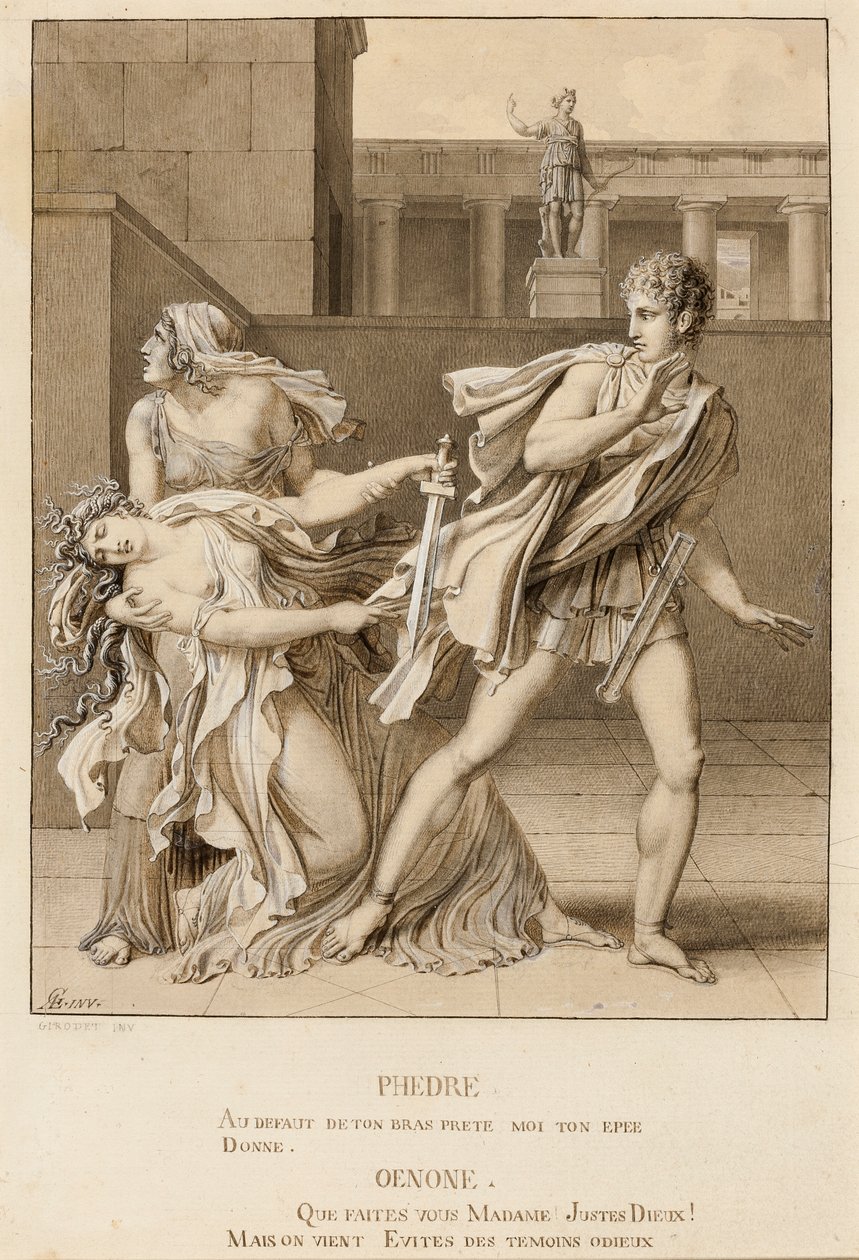 Phaedra, die haar passie heeft verklaard, probeert zichzelf te doden met het zwaard van Hippolytus door Anne-Louis Girodet de Roucy-Trioson