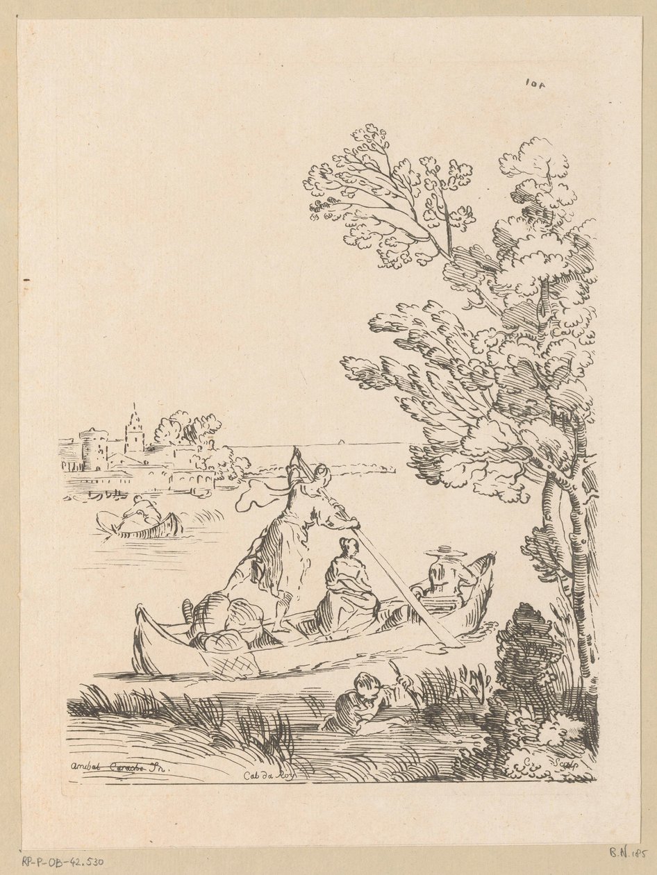 Rivierlandschap met een boot geroeid door een vrouw door Anne Claude Philippe Caylus