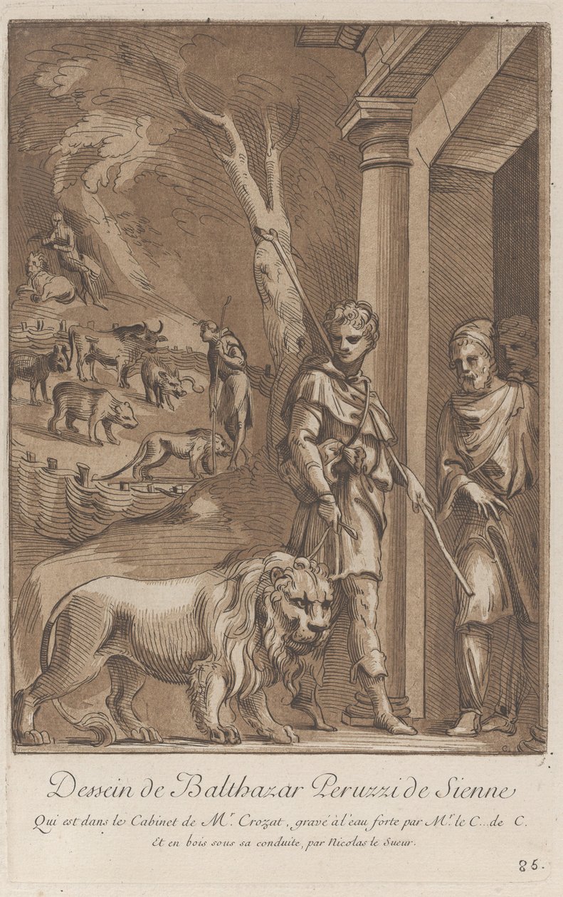 Een herder met een leeuw aan een lijn op de voorgrond, in het midden de sh..., ca. 1729-64 door Anne Claude Philippe de