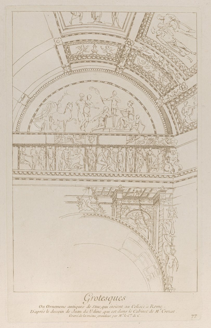 Grillige versieringen: detail van de stucwerkreliëfs die het Colosseum in Rome versieren, ca. 1729 door Anne-Claude-Philippe de Caylus