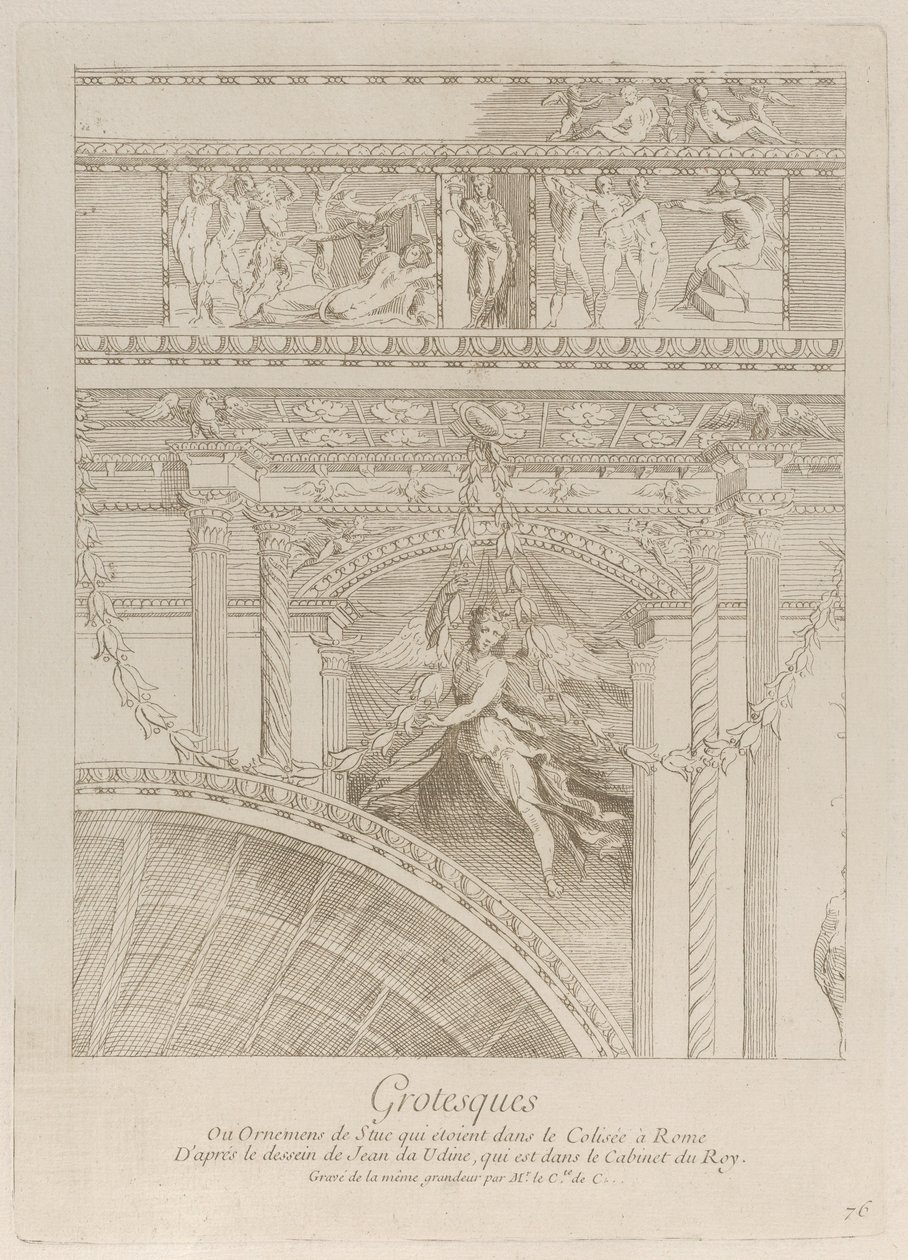 Griezels: (detail) van de stucwerkreliëfs die het Colosseum in Rome versieren, met een vleugel..., ca. 1729 door Anne Claude Philippe de Caylus