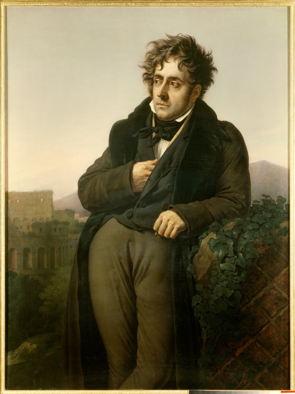 Portret van Francois Rene, Burggraaf van Chateaubriand (1768-1848) mediterend op de ruïnes van Rome voor een uitzicht op het Colosseum door Anne Louis Girodet de Roucy Trioson
