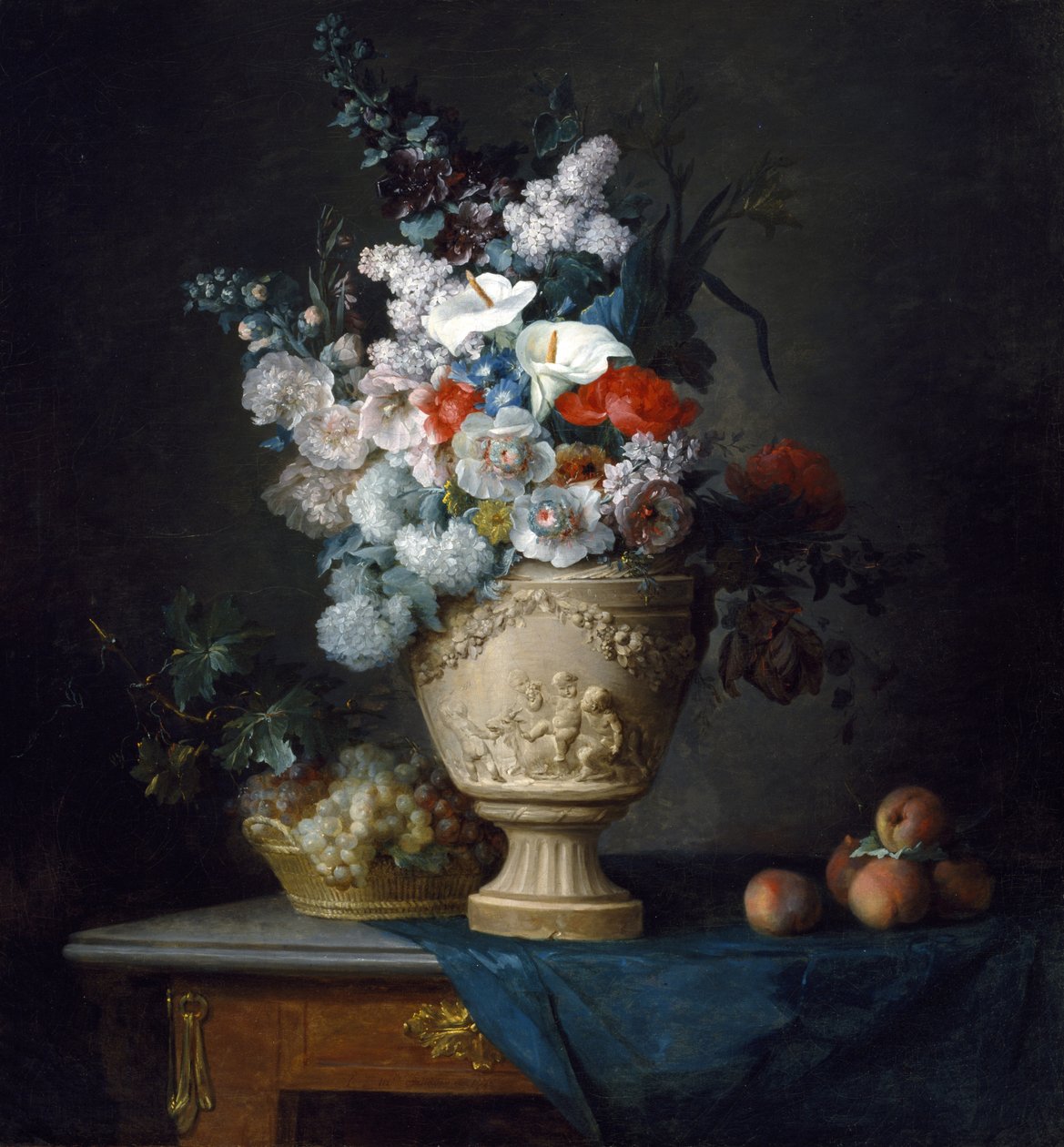 Boeket Bloemen in een Terracotta Vaas met Perziken en Druiven door Anne Vallayer Coster