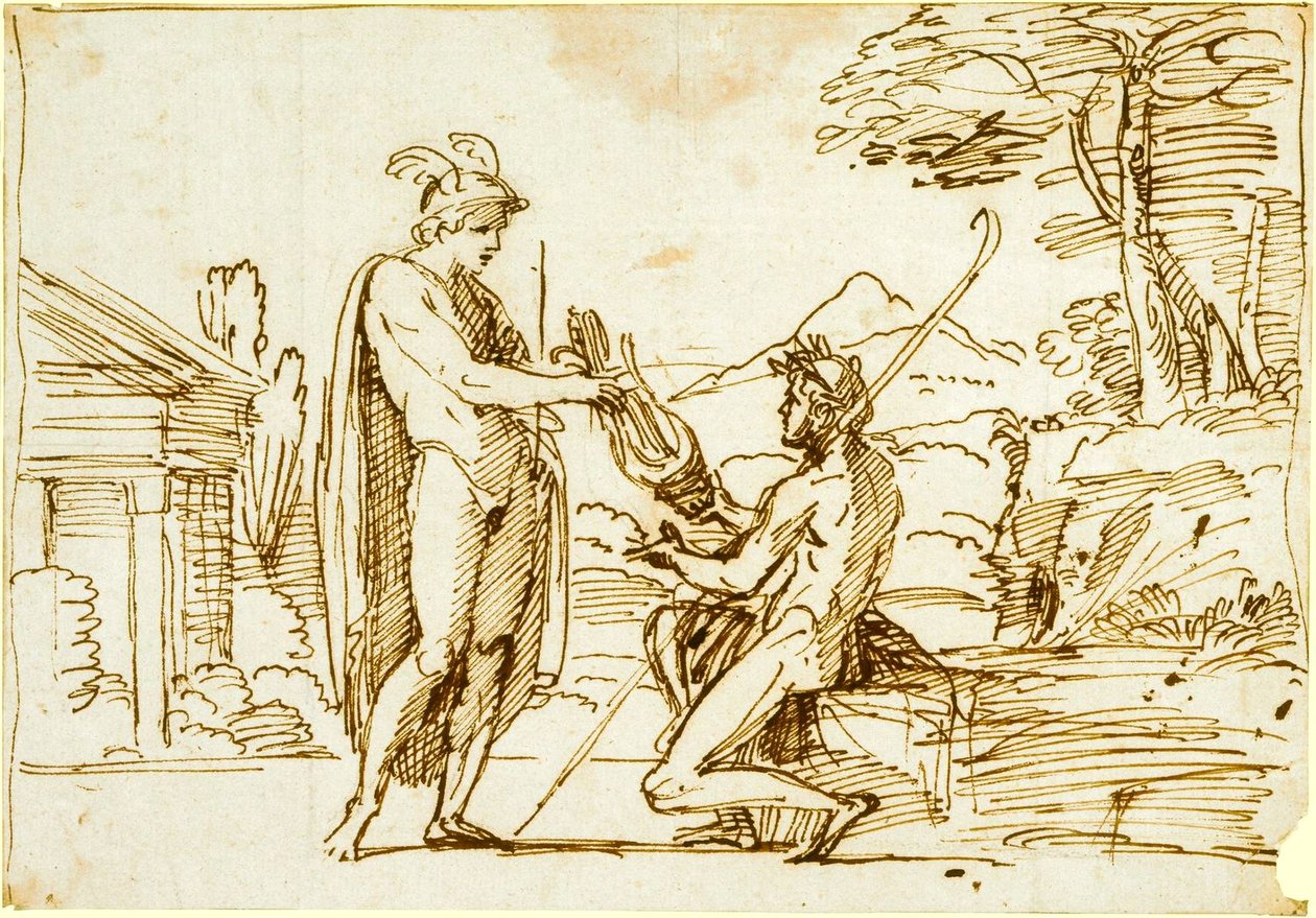 Apollo ontvangt de lier van Mercurius, studie voor de Farnese Galerij door Annibale Carracci