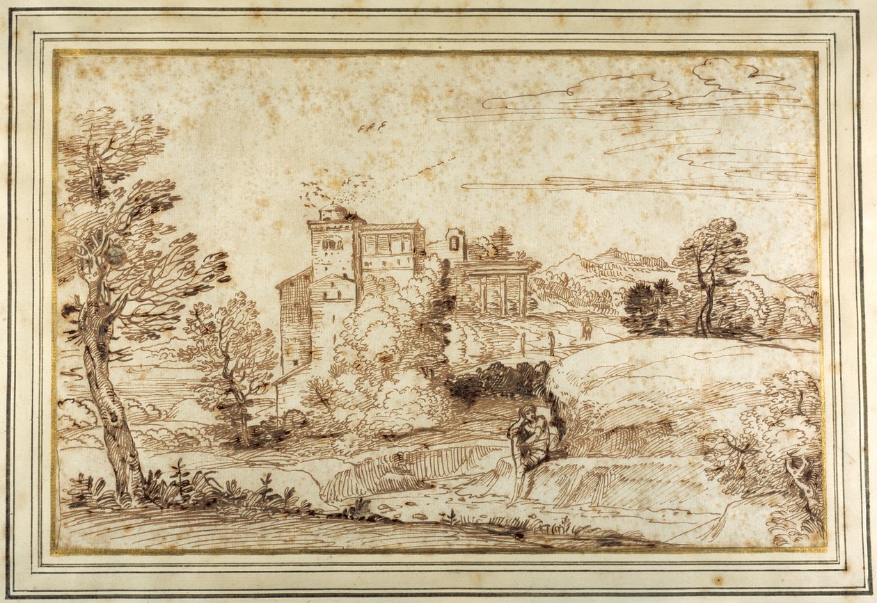 Landschap met een kasteel en de ruïnes van een klassieke portiek door Annibale (follower of) Carracci