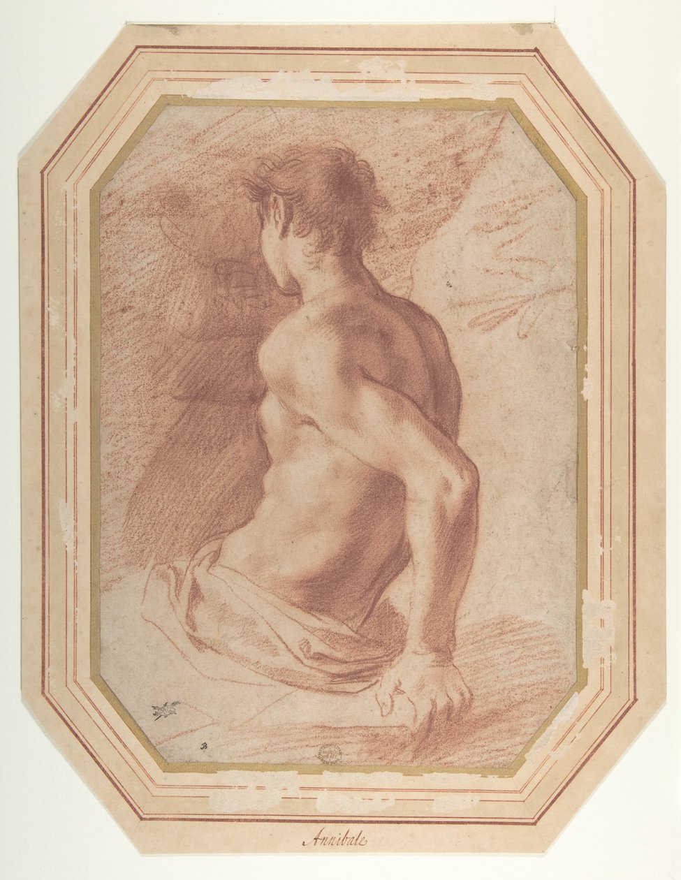 Achteraanzicht van een zittende naakte jongeman naar links gericht door Annibale Carracci