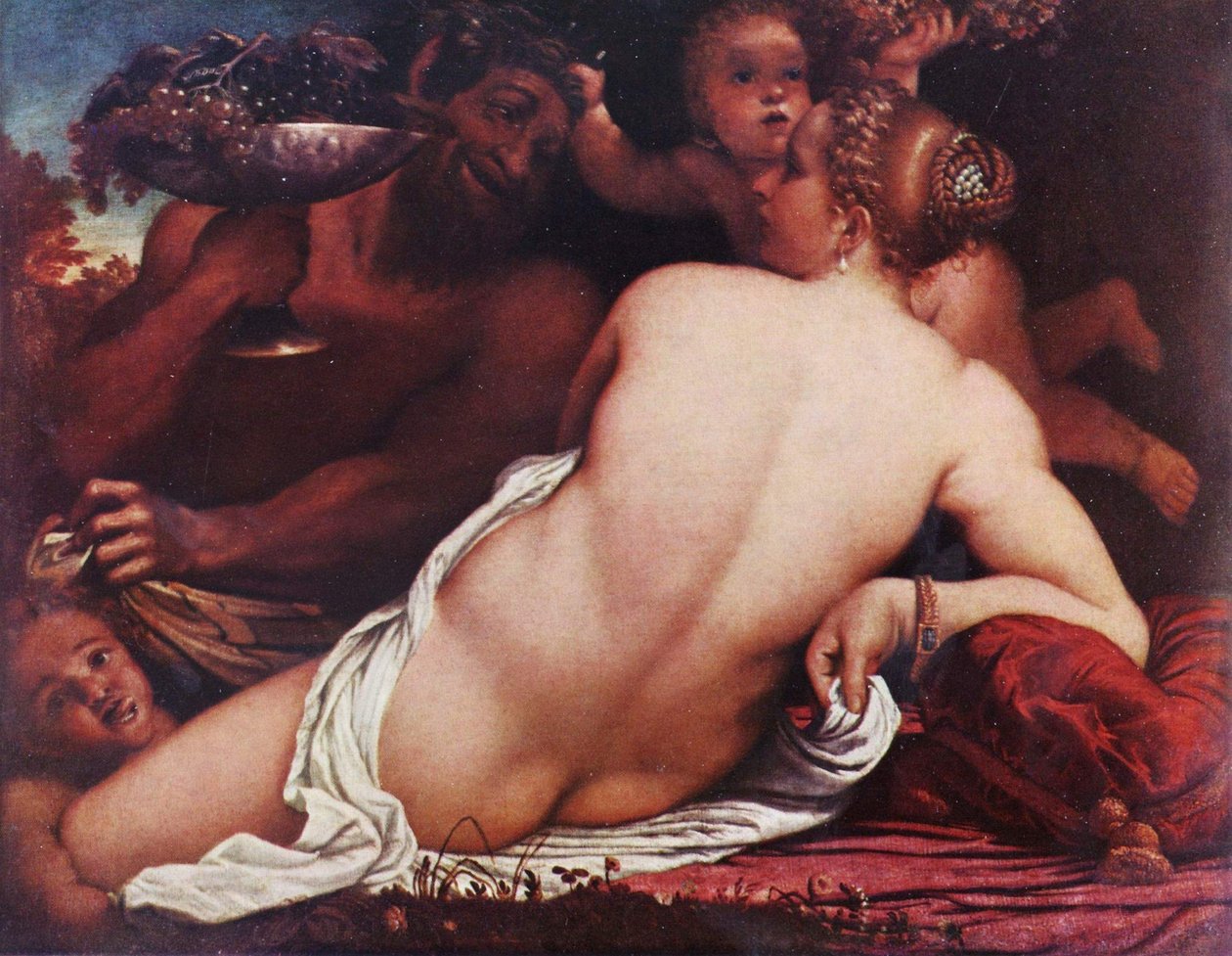 Duits: Bacchantin Venus met een Satyr en Cupido