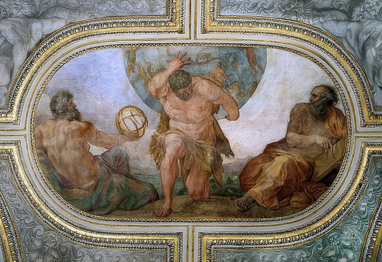Hercules draagt voor Atlas het hemelgewelf (fresco in Camerino) door Annibale Carracci