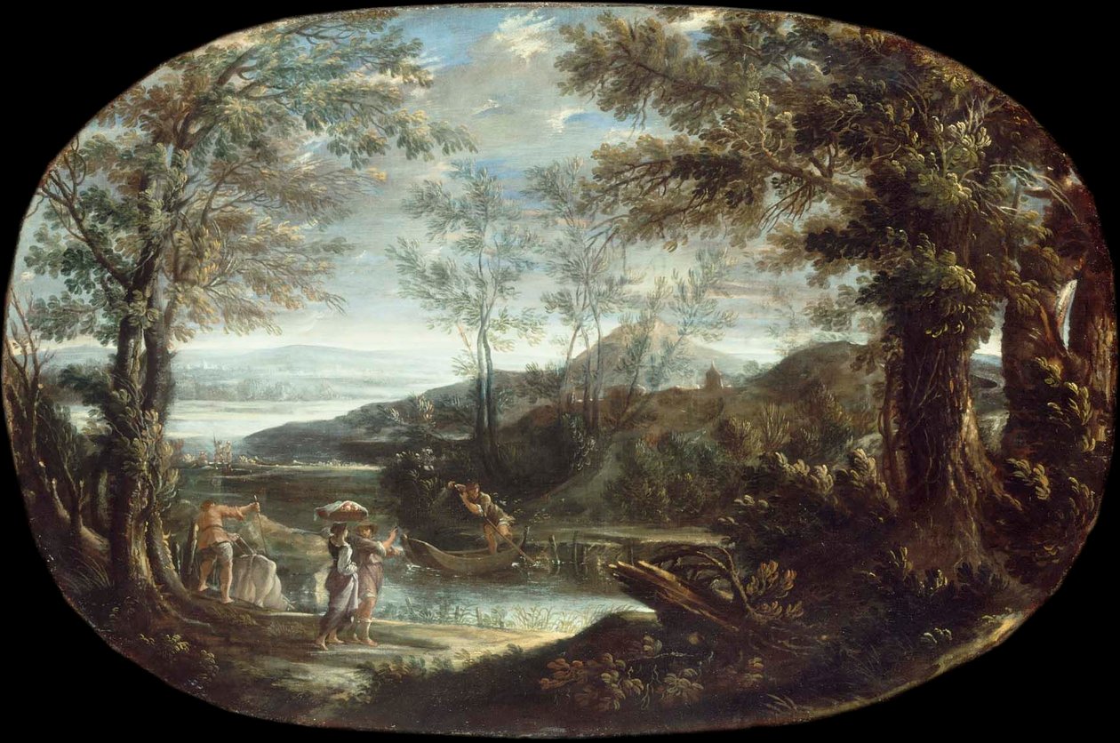 Landschap met rivierscène door Annibale Carracci