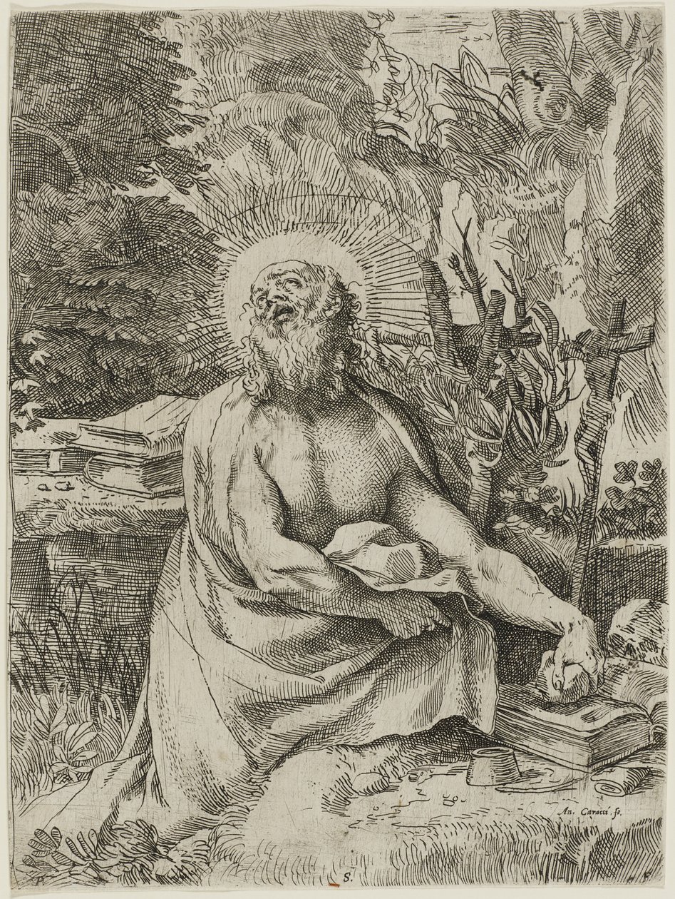 Heilige Hiëronymus in de Wildernis, c.1591 (ets met gravure op papier, iiiiv) door Annibale Carracci