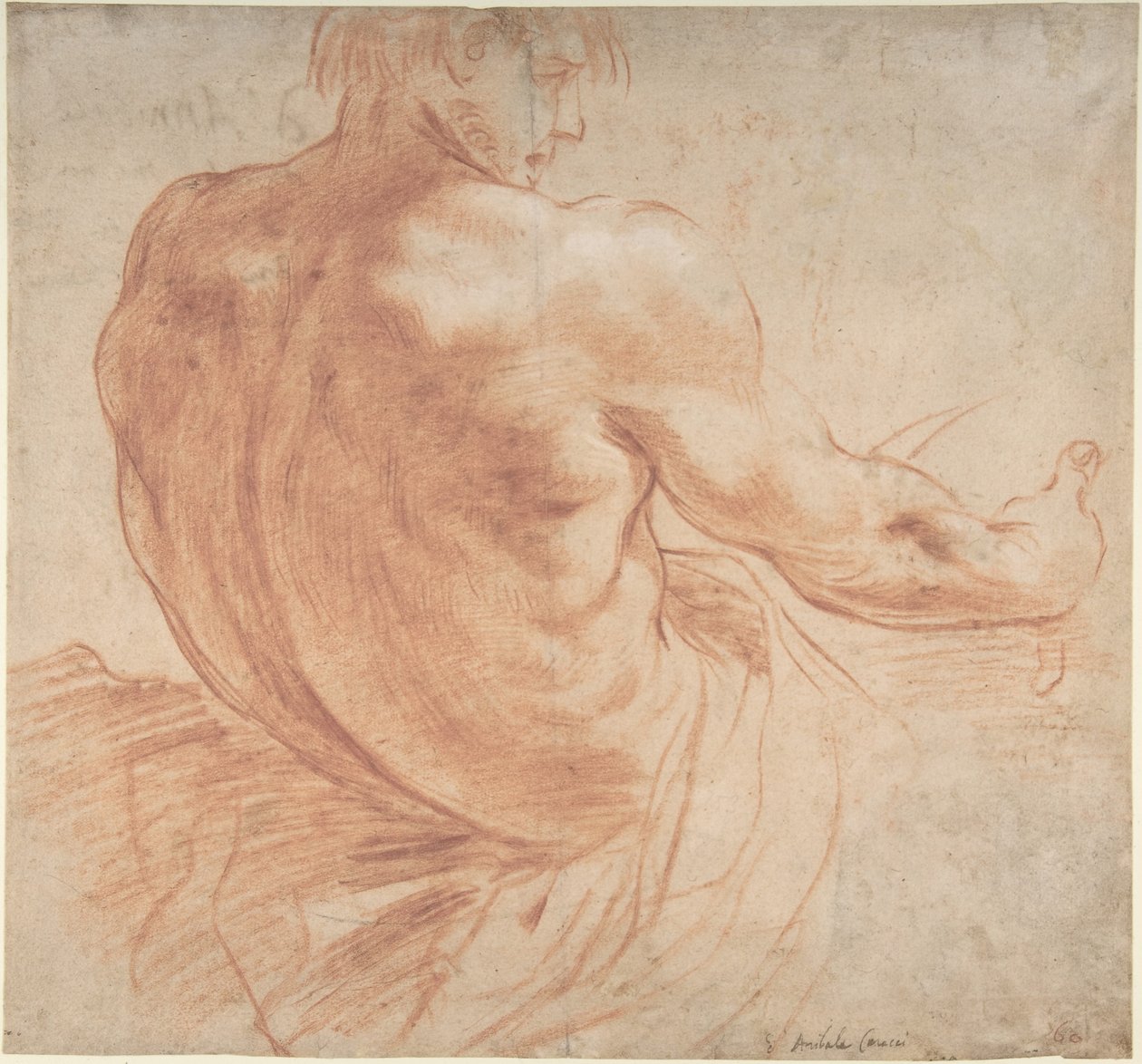 Zittende jongeman naar rechts gericht, van achteren gezien door Annibale Carracci