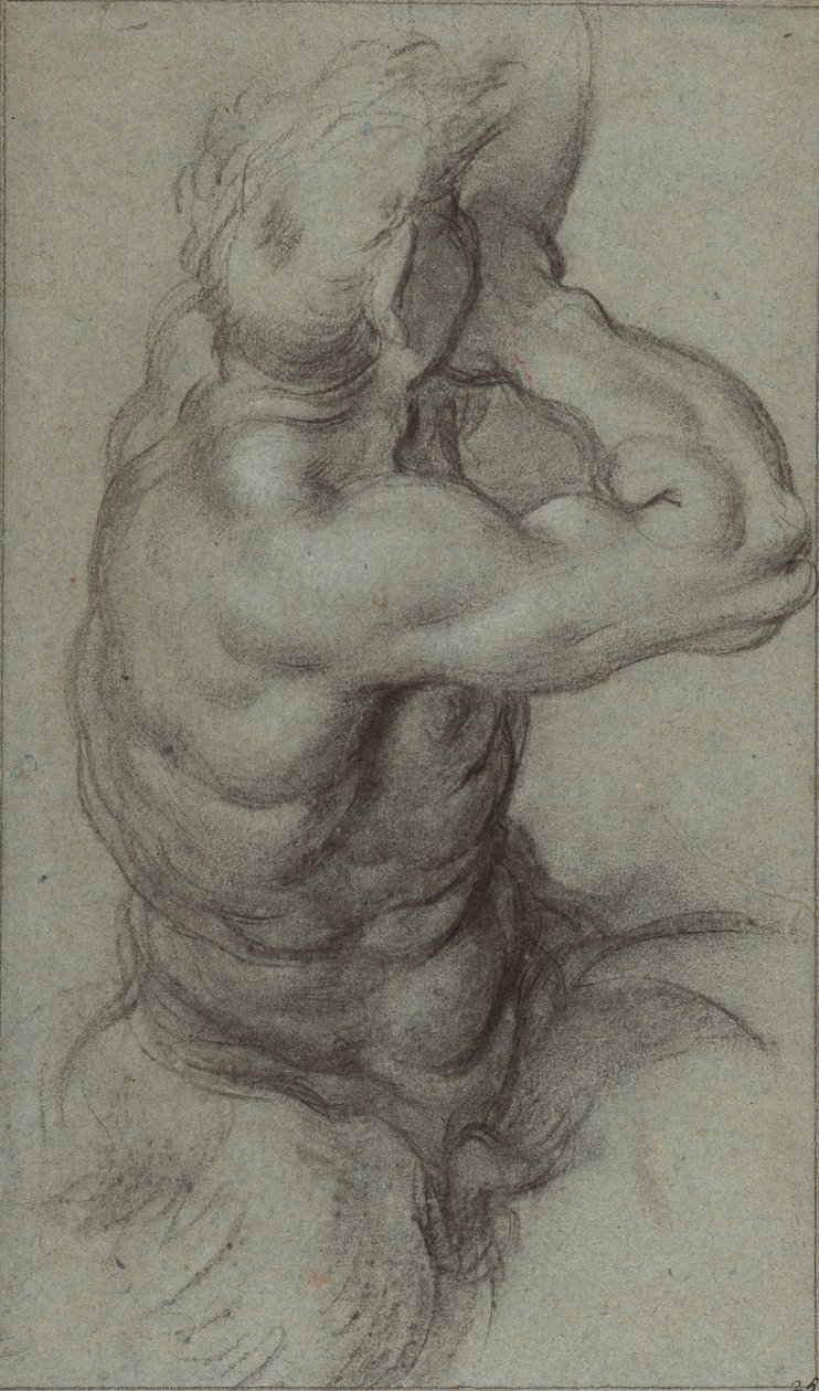Studie van Triton die op een schelphoorn blaast (recto); Gedeeltelijke studie van een arm (verso) door Annibale Carracci