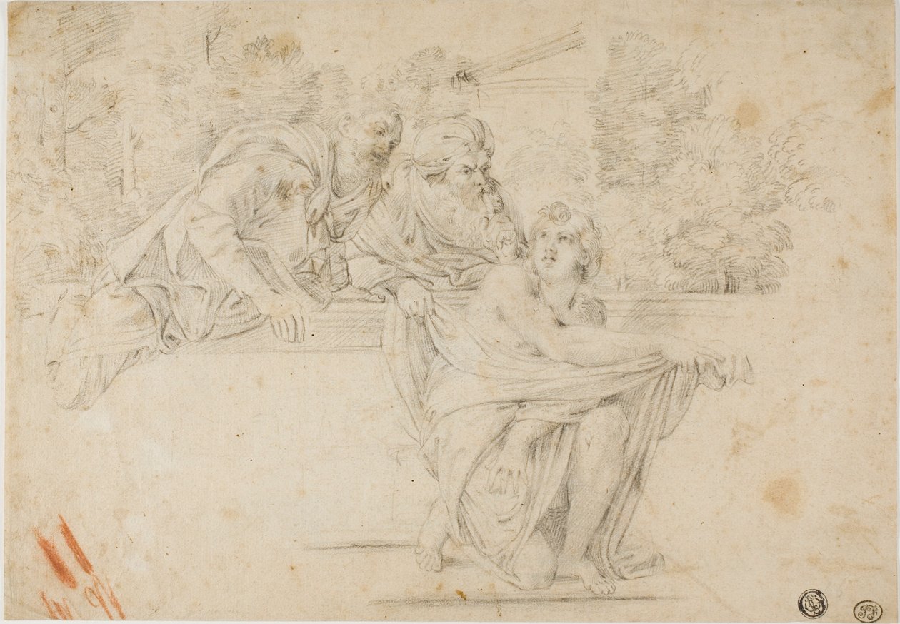 Susanna en de ouderlingen (recto); Profielhoofd van vrouw (verso) door Annibale Carracci