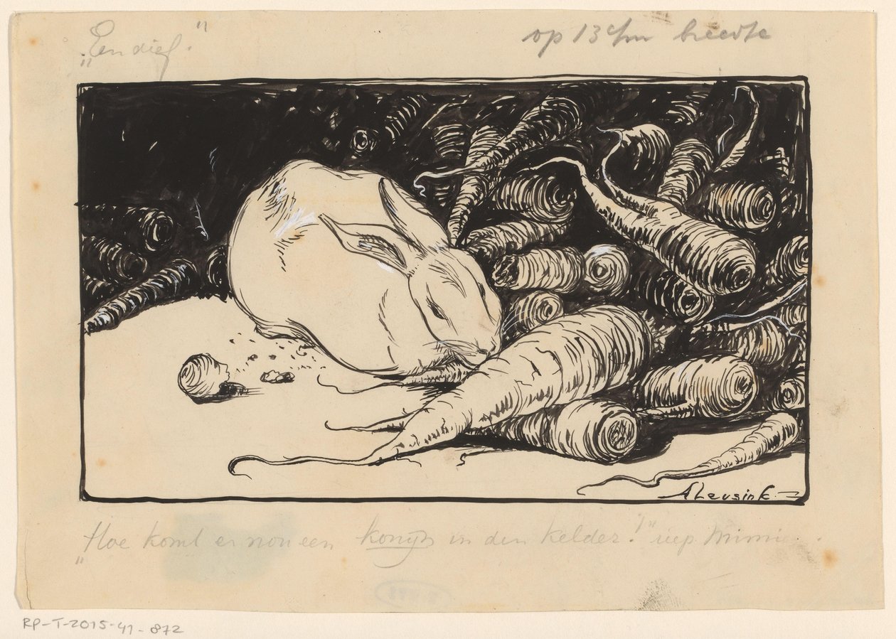 Konijn knagend aan een wortel door Anny Leusink (signed by artist)