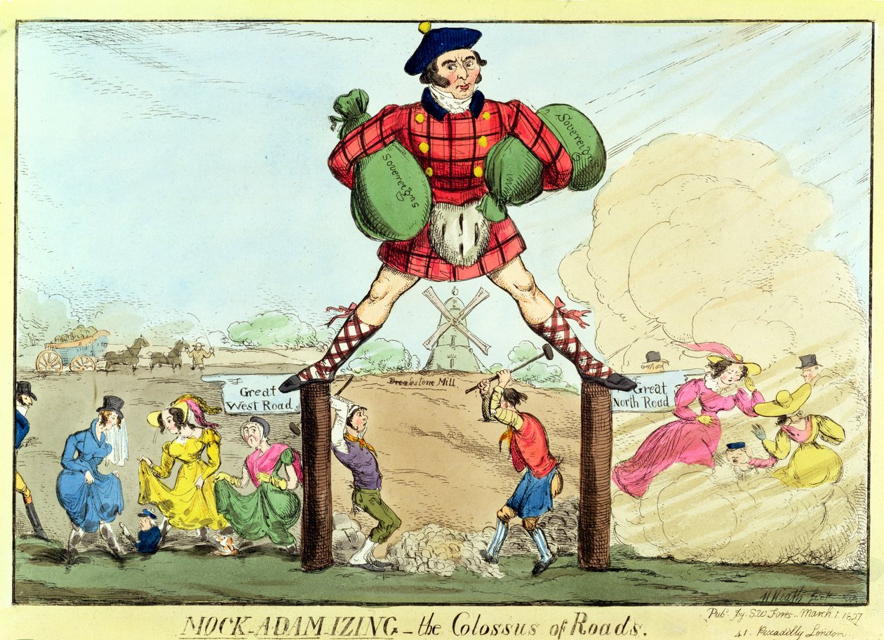 Mock-Adam-izing: de Kolos van Wegen, een spotprent van John MacAdam, 1827 door Unbekannt Unbekannt