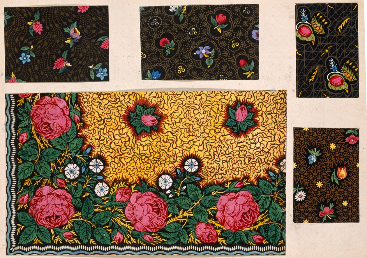 Textielontwerp, Roze Rozen met extra kleur slingers. Frans, begin 19e eeuw door Unbekannt Unbekannt